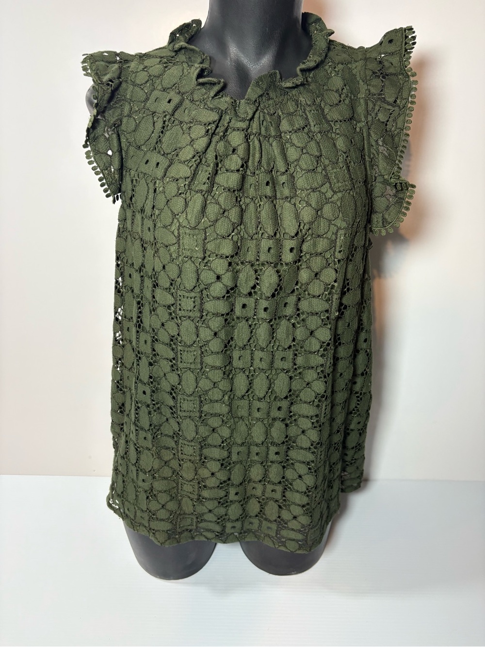 Anthropologie Olive Green Crochet Lace Flutter Sleeve Top - Picture 1 of 6